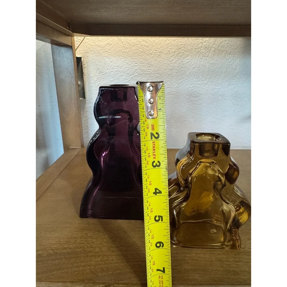 Threshold Large Wavy Taper Candle‎ Holder Set Plum Amber Glass
